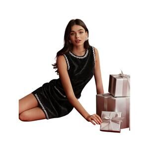 Commense Crystal-Embellished Velvet Shift Dress Sz S